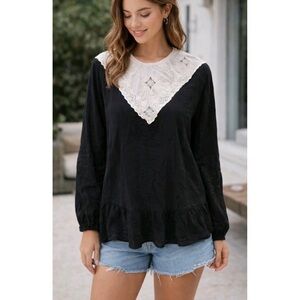 Free People Black Blouse with Cream Lace Collar | L